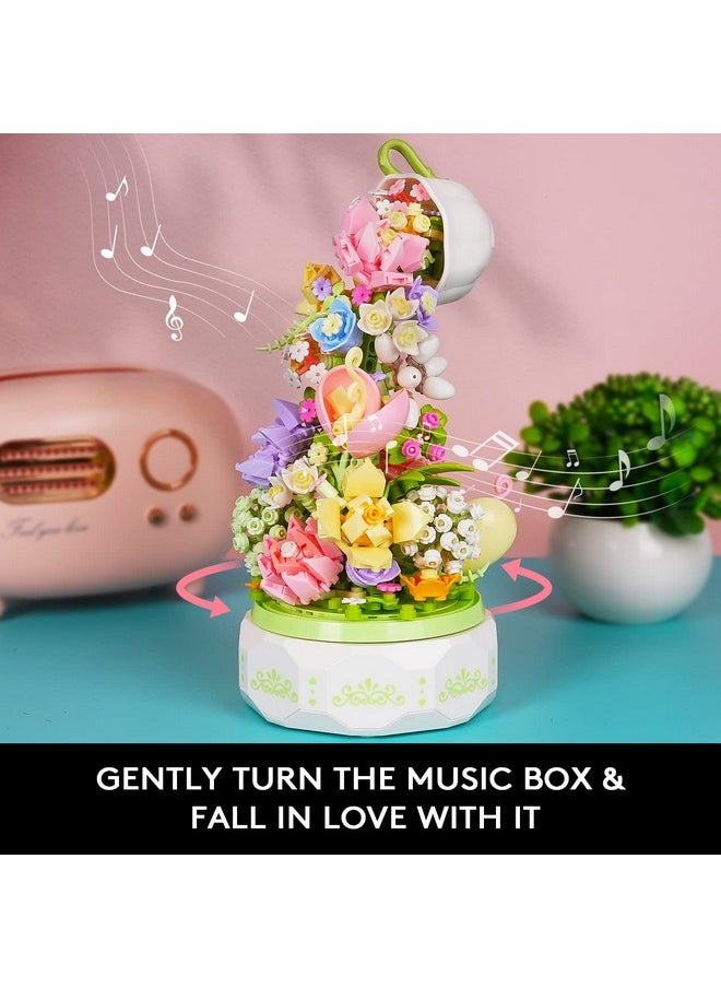 Flowers Music Box Building Set With Light Creative Bouquet Botanical Rotating Music Box Building Blocks Kits ; Diy Artificial Flower Plant Decor Gift For Adults Kids Girls Ages 6+ (575 Pcs)