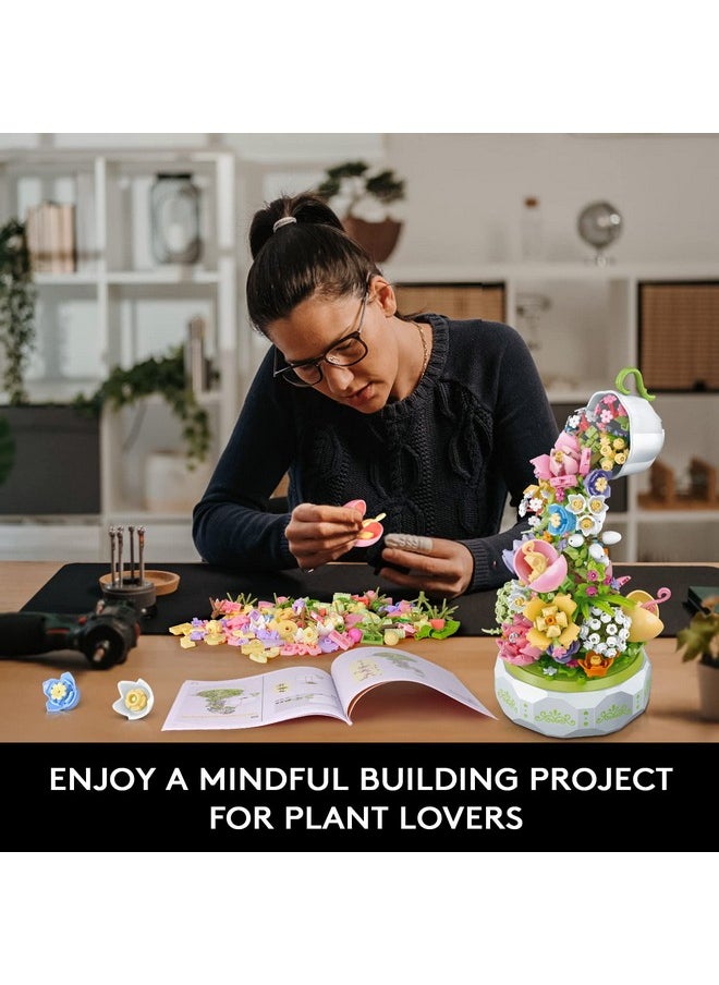 Flowers Music Box Building Set With Light Creative Bouquet Botanical Rotating Music Box Building Blocks Kits ; Diy Artificial Flower Plant Decor Gift For Adults Kids Girls Ages 6+ (575 Pcs)