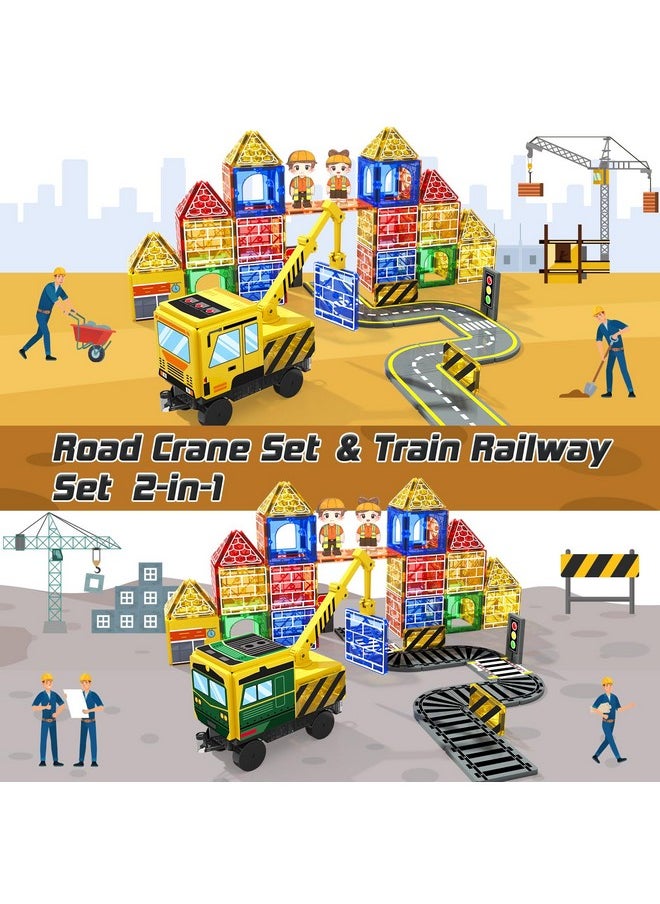 Magnetic Tiles Magnetic Construction Set With 2 Cranes Boys Toys For Ages 3-5 5-7 8-10 Building Toys Includes Crane, Road Tracks, Train, Train Tracks, Dolls, Car Toy, Traffic Lights And Stations