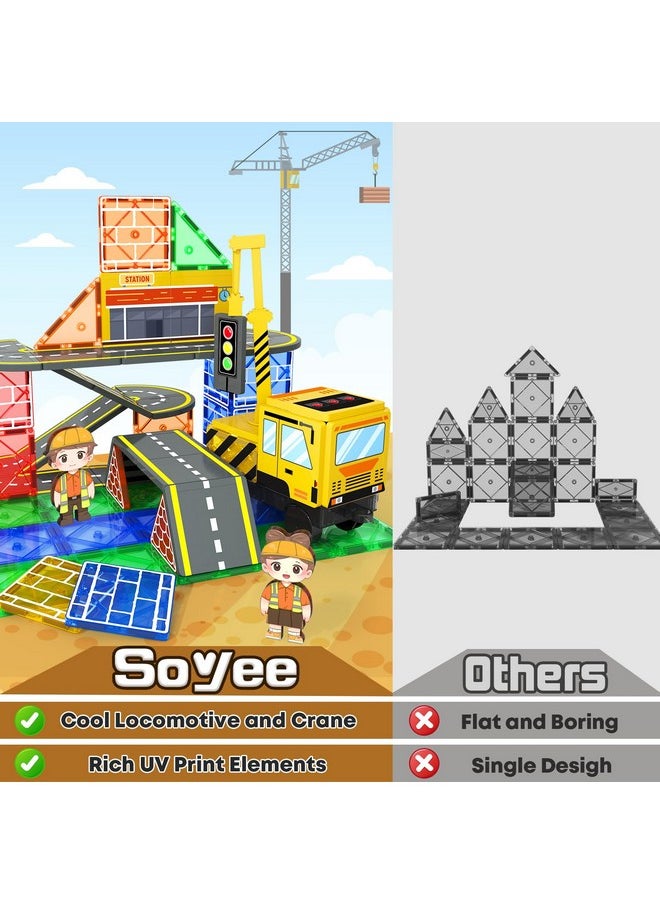 Magnetic Tiles Magnetic Construction Set With 2 Cranes Boys Toys For Ages 3-5 5-7 8-10 Building Toys Includes Crane, Road Tracks, Train, Train Tracks, Dolls, Car Toy, Traffic Lights And Stations