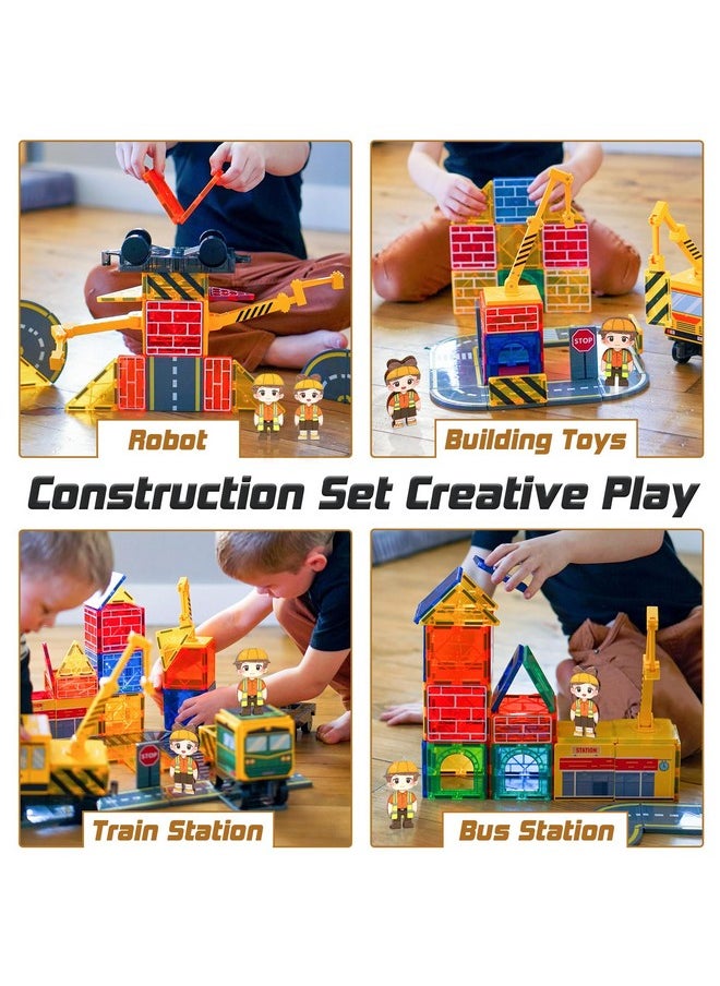 Magnetic Tiles Magnetic Construction Set With 2 Cranes Boys Toys For Ages 3-5 5-7 8-10 Building Toys Includes Crane, Road Tracks, Train, Train Tracks, Dolls, Car Toy, Traffic Lights And Stations