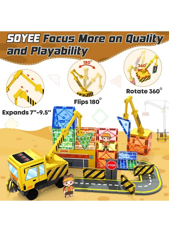 Magnetic Tiles Magnetic Construction Set With 2 Cranes Boys Toys For Ages 3-5 5-7 8-10 Building Toys Includes Crane, Road Tracks, Train, Train Tracks, Dolls, Car Toy, Traffic Lights And Stations