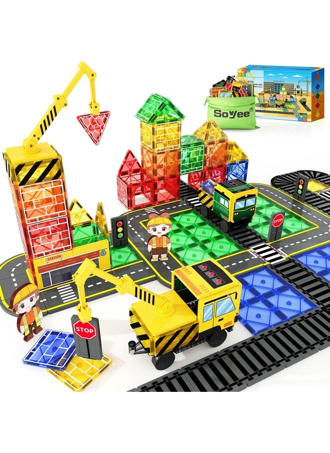 Magnetic Tiles Magnetic Construction Set With 2 Cranes Boys Toys For Ages 3-5 5-7 8-10 Building Toys Includes Crane, Road Tracks, Train, Train Tracks, Dolls, Car Toy, Traffic Lights And Stations