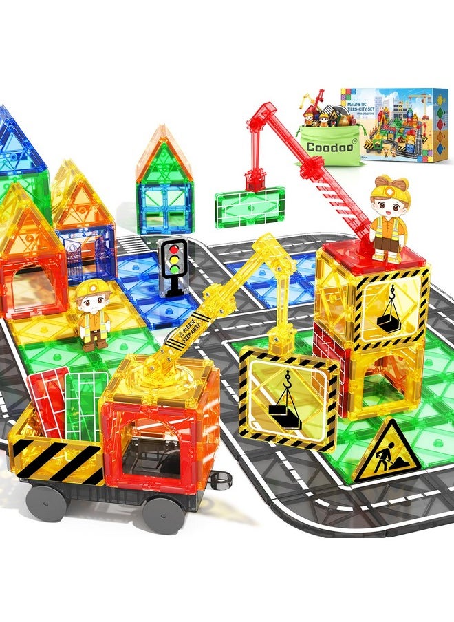 Kids Games Magnetic Tiles With 2 Cranes Construction Toys Set Sensory Toys For Boys Girls Ages 3-6 5-7 8-13, Gifts For 3+ Year Old Boys Girls Toddler Outdoor Kids Toys With Car