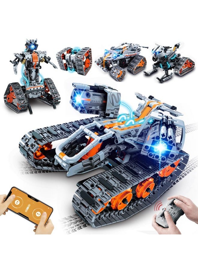 5 In 1 Stem Building Set With Led Light - App & Remote Controlled Cars Building Toys Kit, Rc Robot Tank Sleigh Tracked Racer 604 Pcs, Toy Gifts For Kids Boys Girls Ages 6 7 8 9 10 11 12+ Year