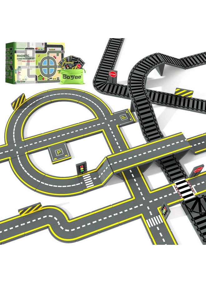 Magnetic Tiles Road & Train Track Expansion Pack Magnetic Building Blocks Construction Toys Kids Toys For Ages 3-12 Boys Girls Construction Magnet Building Toys Includes Road Tracks, Traffic Lights