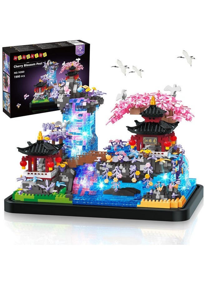 Cherry Blossom Micro Building Set With Light - Japanese Cherry Tree House Pond Building Block Kit, Home Office Decor Japan Bonsai Tree Building Brick Gift For Adults 1990 Pcs Micro Bricks
