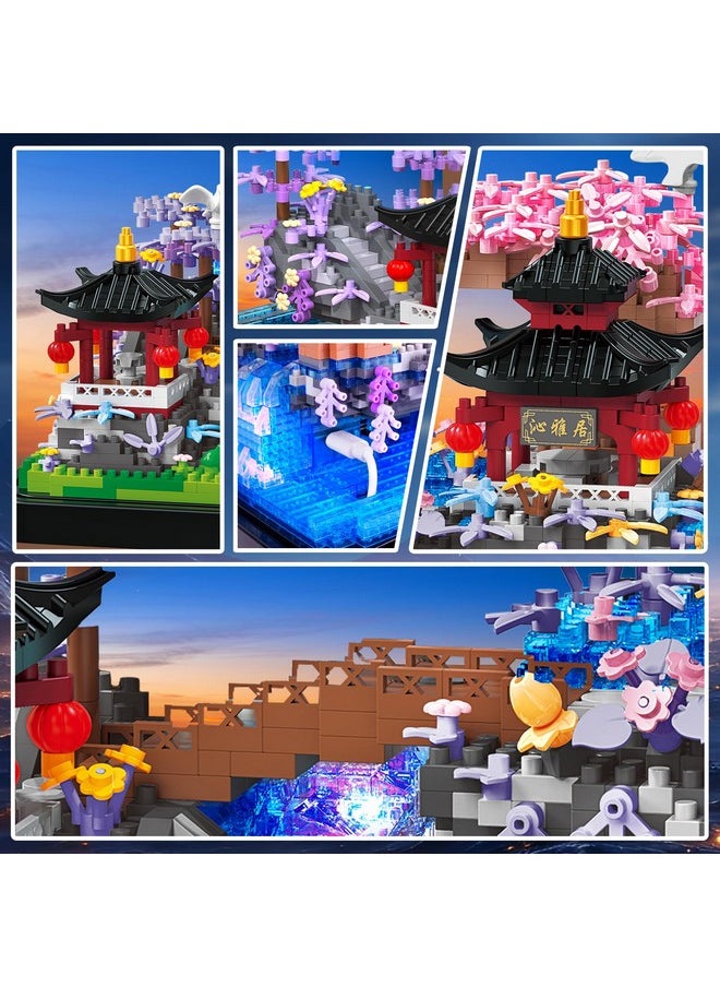 Cherry Blossom Micro Building Set With Light - Japanese Cherry Tree House Pond Building Block Kit, Home Office Decor Japan Bonsai Tree Building Brick Gift For Adults 1990 Pcs Micro Bricks