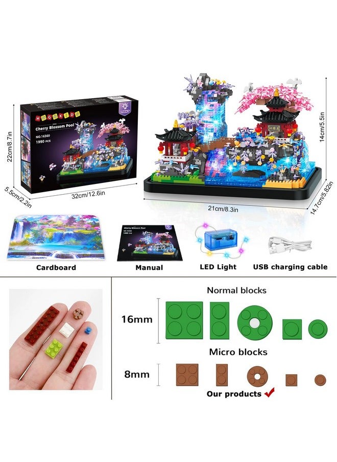 Cherry Blossom Micro Building Set With Light - Japanese Cherry Tree House Pond Building Block Kit, Home Office Decor Japan Bonsai Tree Building Brick Gift For Adults 1990 Pcs Micro Bricks