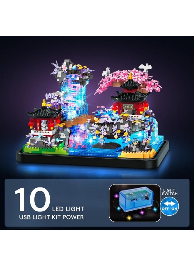 Cherry Blossom Micro Building Set With Light - Japanese Cherry Tree House Pond Building Block Kit, Home Office Decor Japan Bonsai Tree Building Brick Gift For Adults 1990 Pcs Micro Bricks