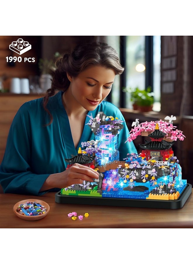 Cherry Blossom Micro Building Set With Light - Japanese Cherry Tree House Pond Building Block Kit, Home Office Decor Japan Bonsai Tree Building Brick Gift For Adults 1990 Pcs Micro Bricks
