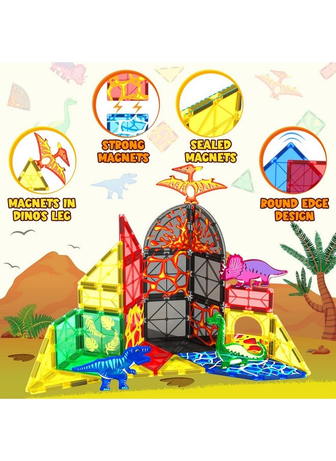 Dinosaur Toys Magnetic Tiles Lava Dinosaur World Starter Set - Kids Magnetic Building Blocks For Boys & Girls Stem Sensory Montessori Toys For 3+ Year Old Preschool Learning Toys Creative Kids Games