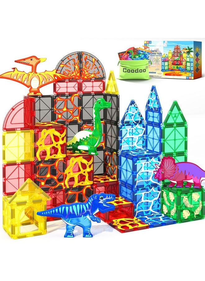 Dinosaur Toys Magnetic Tiles Lava Dinosaur World Starter Set - Kids Magnetic Building Blocks For Boys & Girls Stem Sensory Montessori Toys For 3+ Year Old Preschool Learning Toys Creative Kids Games