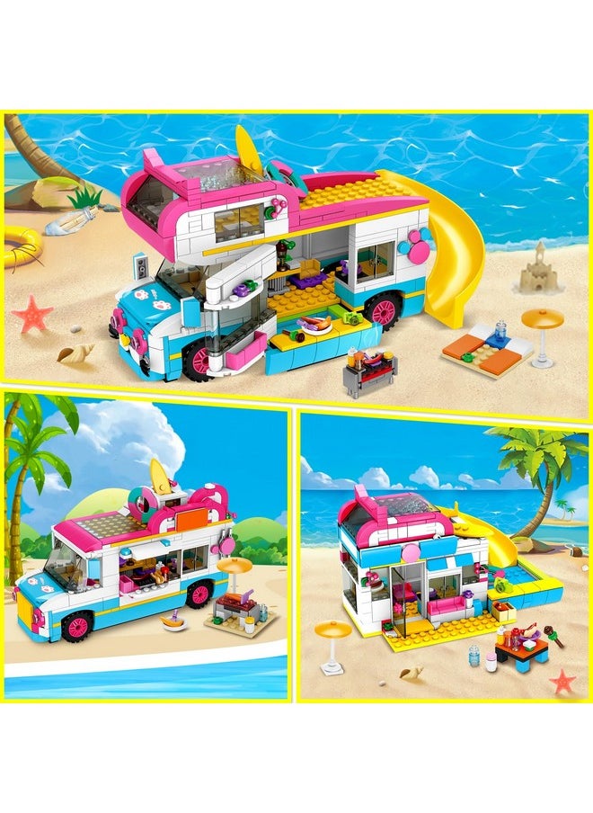 3-In-1 Girls Camper Van Building Set - 494Pcs Summer Beach Camping Building Blocks Sets | Food Truck Building Toys With Slide And Stickers | Gifts For Girls Boys Age 6 7 8 9 10 11 12+