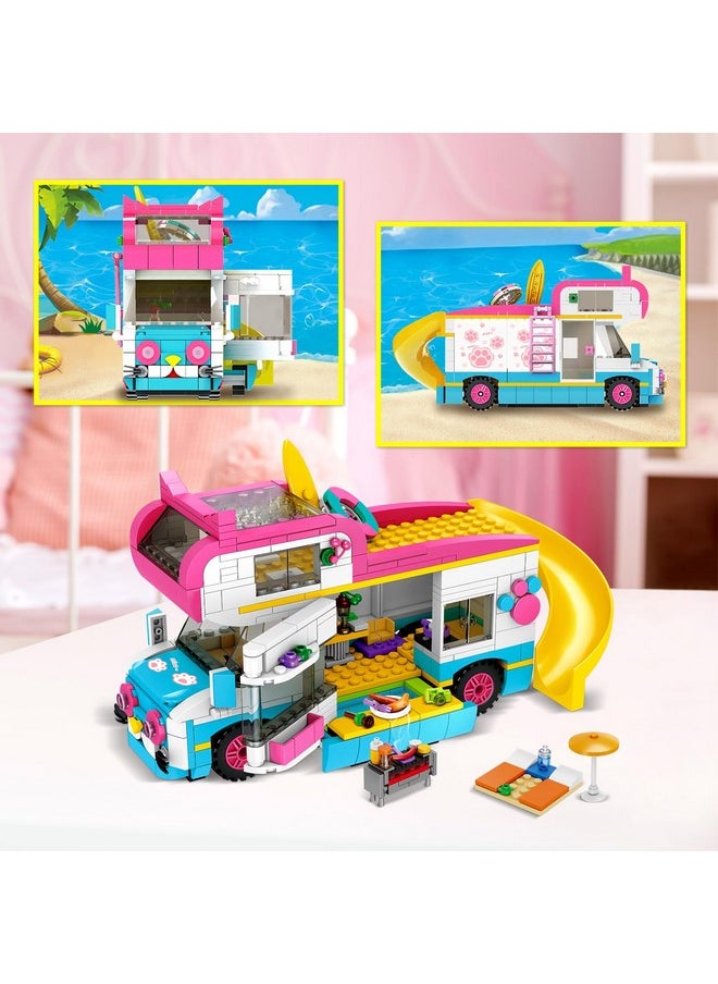 3-In-1 Girls Camper Van Building Set - 494Pcs Summer Beach Camping Building Blocks Sets | Food Truck Building Toys With Slide And Stickers | Gifts For Girls Boys Age 6 7 8 9 10 11 12+