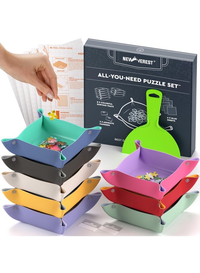 All-You-Need Puzzle Set: 8 Puzzle Sorting Trays For Up To 2000 Pieces, 6 Glue Sheets, 1 Large Scraper & 2 Adhesive Hangers In Gift-Ready Packaging - Must-Have Saver Kit For Puzzle Lovers