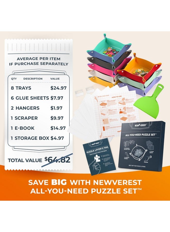 All-You-Need Puzzle Set: 8 Puzzle Sorting Trays For Up To 2000 Pieces, 6 Glue Sheets, 1 Large Scraper & 2 Adhesive Hangers In Gift-Ready Packaging - Must-Have Saver Kit For Puzzle Lovers