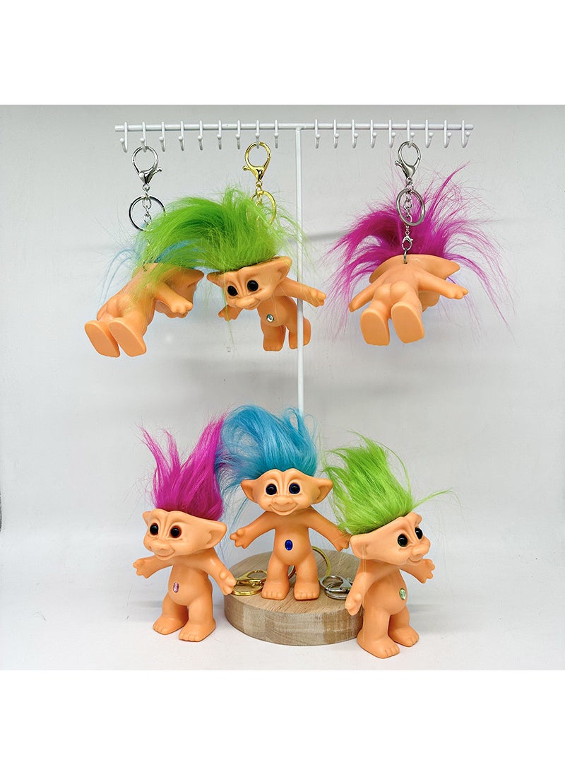 Vintage Troll Dolls 10cm Long Hair New Green Silver Keychain