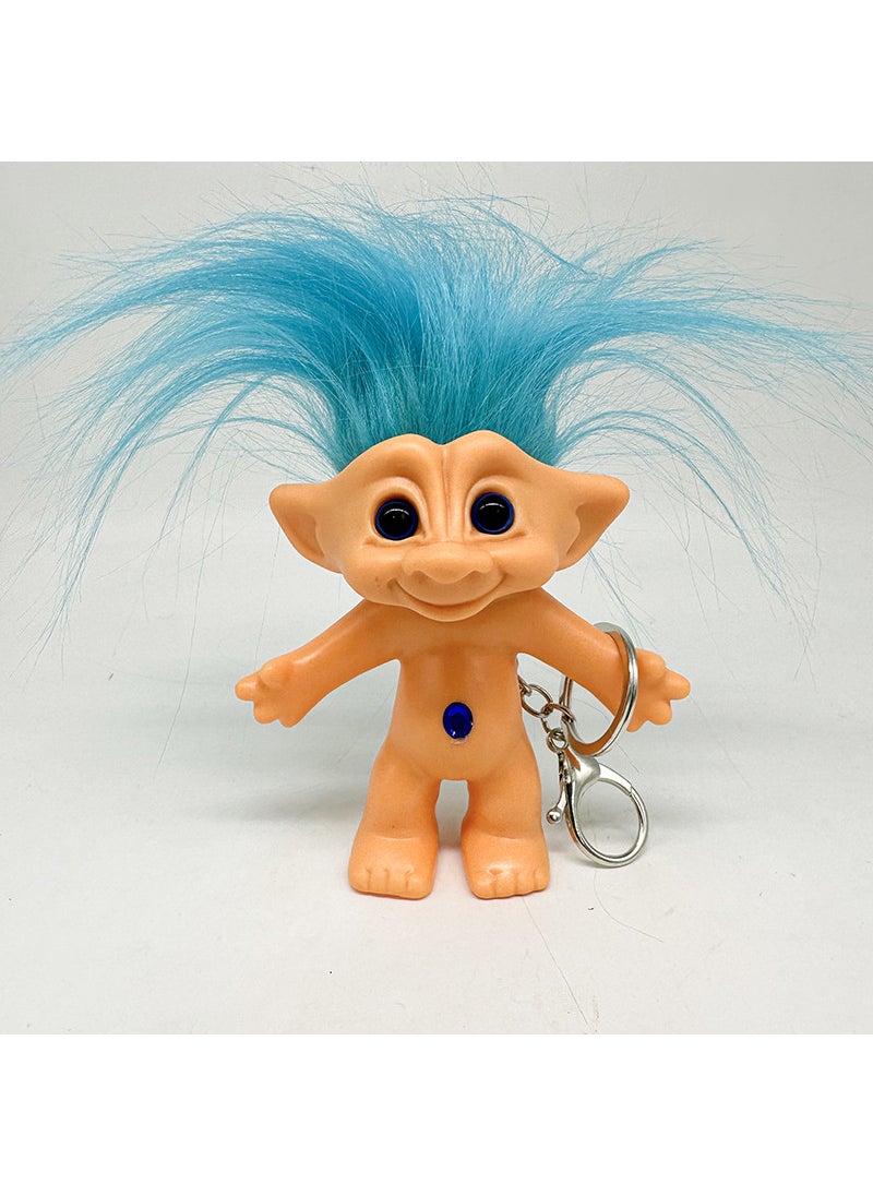 Vintage Troll Dolls 10cm Long Hair New blue silver key chain