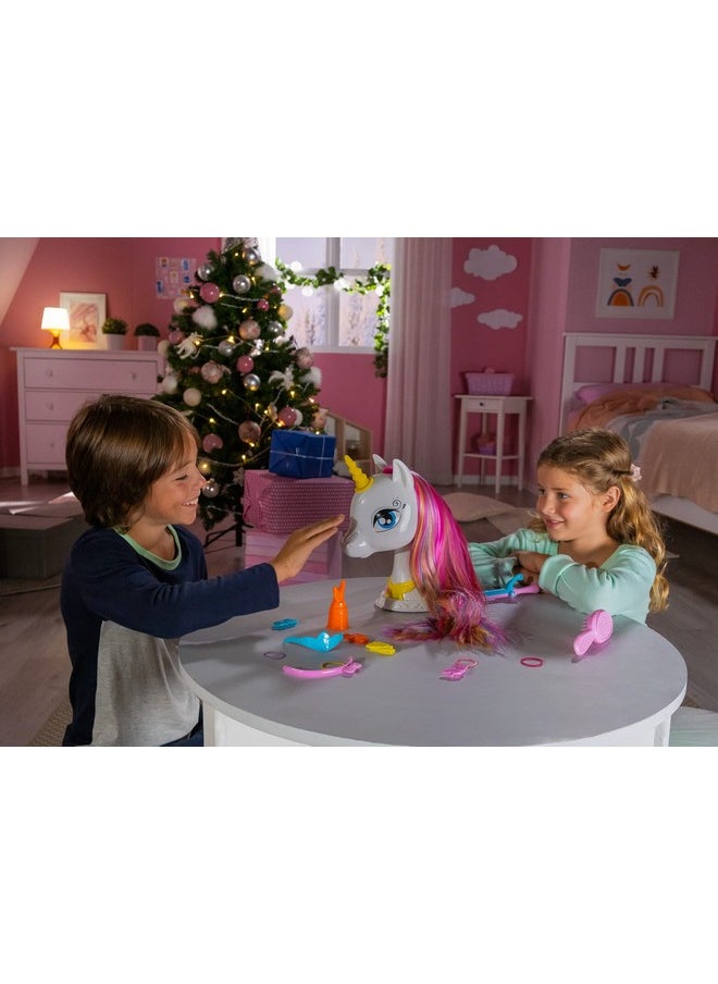 - Interactive Unicorn Hair Styling Head, Long And Silky Hair, Interactive, Magic Music And Accessories, For Kids 3+, White/Pink - Shuni