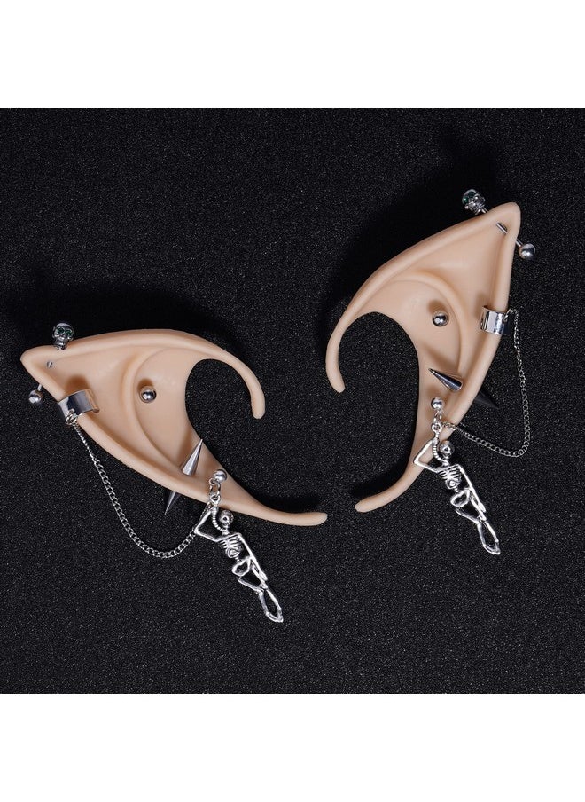 Gothic Elf Ears With Piercings - Silver Sterling Rose Skull Punk Earrings With 2 Pairs Of Elf Fairy Ears Pixie Elven Ear Cuffs Ear Jewelry Clips Women Christmas Renaissance Halloween Custome Cosplay