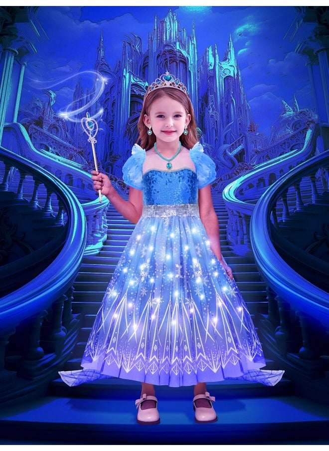 Girls Light Up Elsa Frozen Costume Dress Princess Dress Up Clothes With Cape Toddler Kids Wig Crown Jewelry Halloween Cosplay Birthday Party Gifts