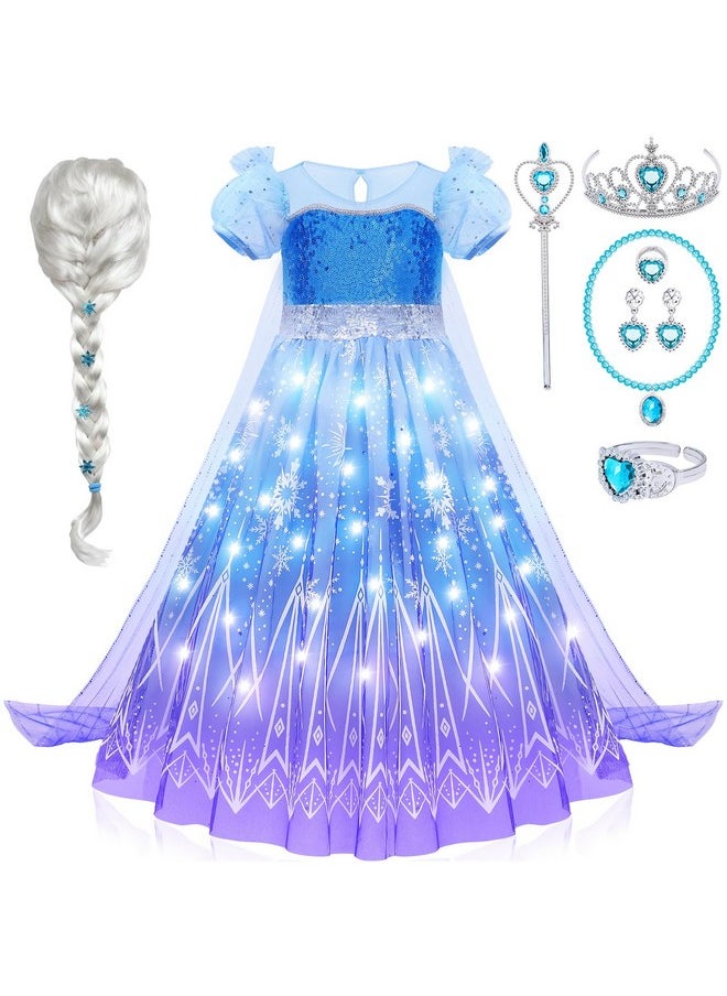 Girls Light Up Elsa Frozen Costume Dress Princess Dress Up Clothes With Cape Toddler Kids Wig Crown Jewelry Halloween Cosplay Birthday Party Gifts