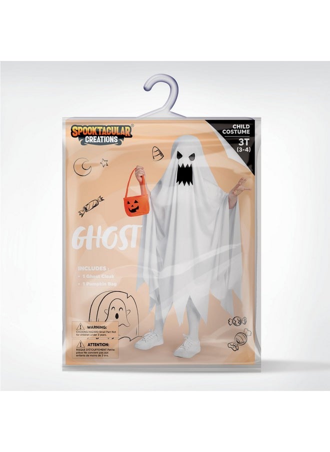 Kids Ghost Costume, Halloween Ghost Costume, White Angry Tattered Ghost Costume With Pumpkin Bag For Boys, Girls Halloween Dress Up, Role Play-3T