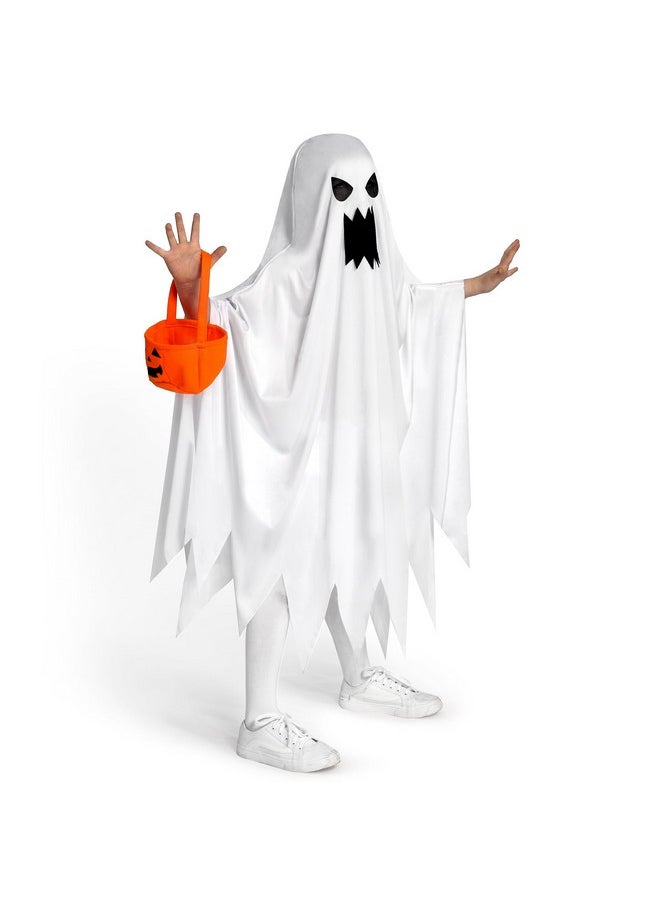 Kids Ghost Costume, Halloween Ghost Costume, White Angry Tattered Ghost Costume With Pumpkin Bag For Boys, Girls Halloween Dress Up, Role Play-3T