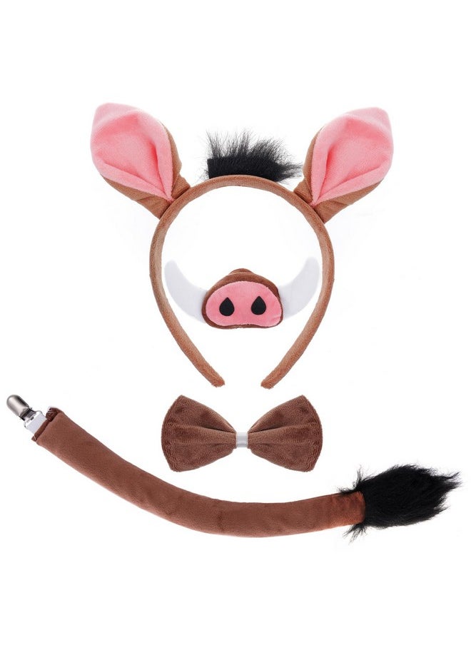 Warthog Costume Accessories Set, Warthog Ears Headband Nose Bowtie And Tail Costume Accessories For Halloween Dress Up Play Party