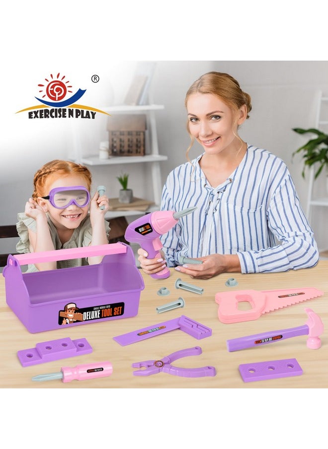 Pink Purple Kids Tool Box Toy Construction Tools (18Pcs) Hand Drills,Can Be Used At Home,Outdoors,Or At Gatherings With Friends Pretend Play Learning Gift For Kids 3 4 5 6 7 Years Old