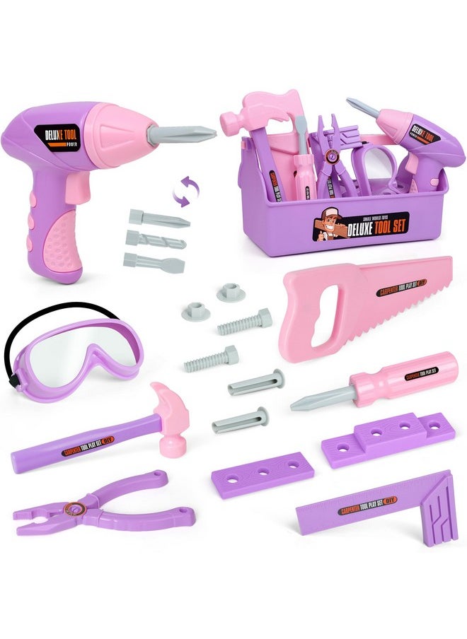 Pink Purple Kids Tool Box Toy Construction Tools (18Pcs) Hand Drills,Can Be Used At Home,Outdoors,Or At Gatherings With Friends Pretend Play Learning Gift For Kids 3 4 5 6 7 Years Old