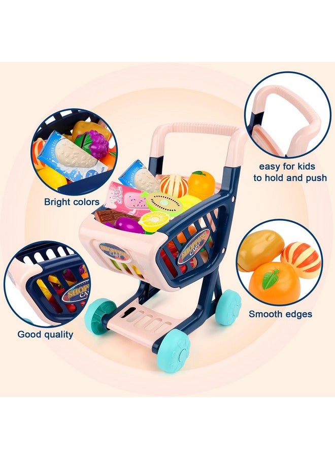 Toddlers Shopping Cart Trolley Set Kids Pretend Grocery Cart Play Toy With Pretend Play Food Shopping Day Realistic Kitchen Accessories For Kids Girls Boys