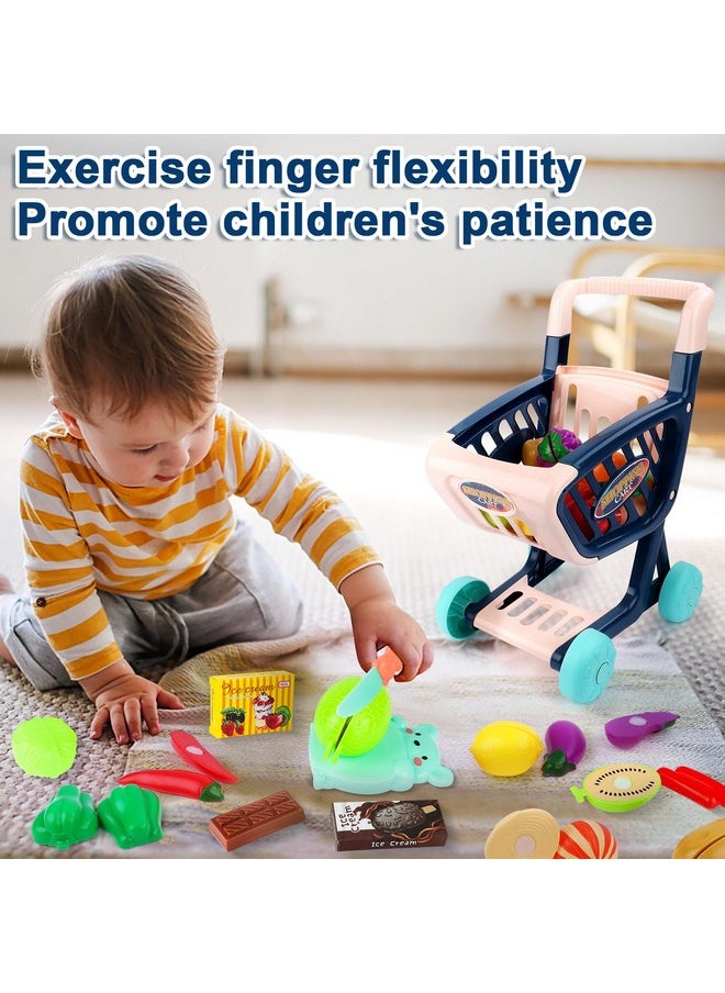 Toddlers Shopping Cart Trolley Set Kids Pretend Grocery Cart Play Toy With Pretend Play Food Shopping Day Realistic Kitchen Accessories For Kids Girls Boys