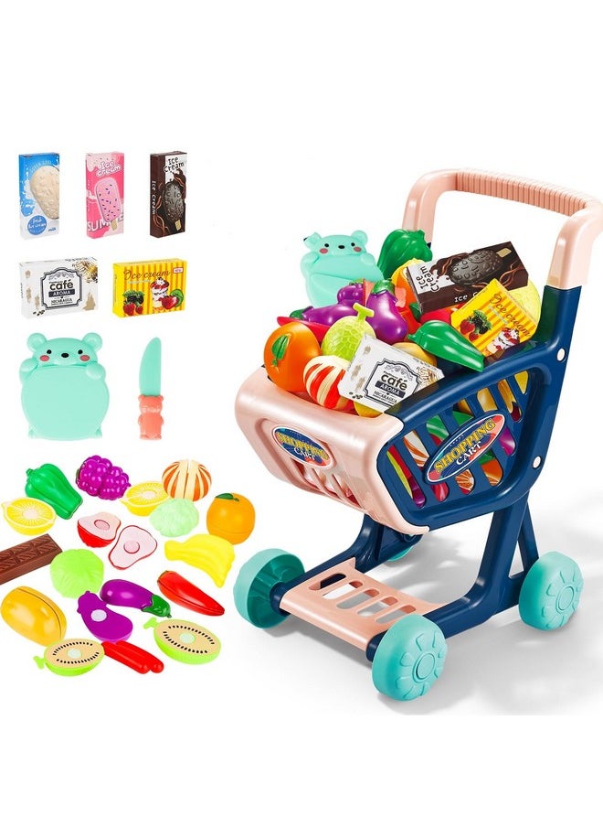 Toddlers Shopping Cart Trolley Set Kids Pretend Grocery Cart Play Toy With Pretend Play Food Shopping Day Realistic Kitchen Accessories For Kids Girls Boys