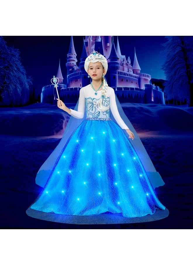 Girls Light Up Elsa Frozen Dress Costume Toddler Princess Dress Up With Cape Kids Elsa Wig Crown Wand Toys Halloween Cosplay Birthday Party Gifts, 110 (3-4 Years), Blue