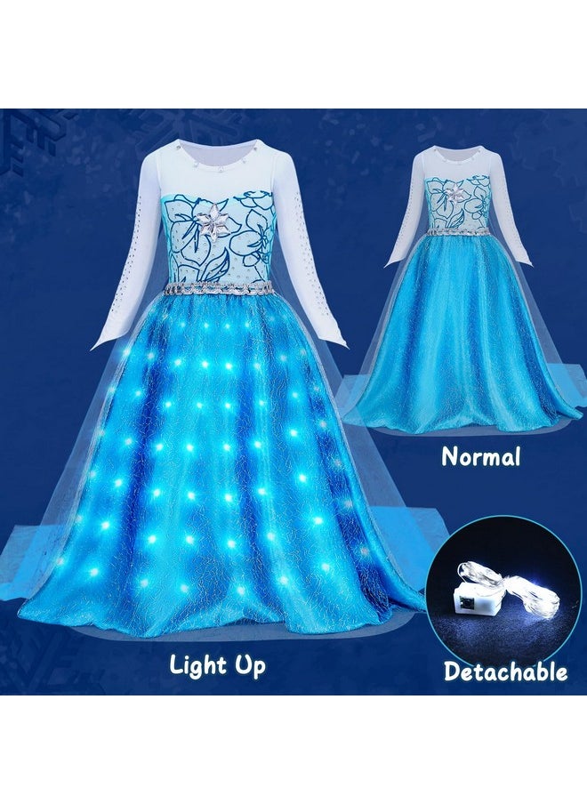 Girls Light Up Elsa Frozen Dress Costume Toddler Princess Dress Up With Cape Kids Elsa Wig Crown Wand Toys Halloween Cosplay Birthday Party Gifts, 110 (3-4 Years), Blue