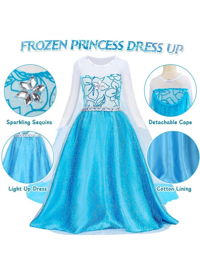 Girls Light Up Elsa Frozen Dress Costume Toddler Princess Dress Up With Cape Kids Elsa Wig Crown Wand Toys Halloween Cosplay Birthday Party Gifts, 110 (3-4 Years), Blue