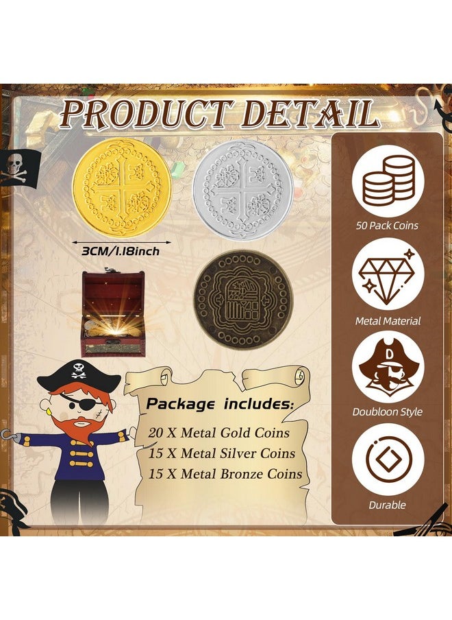50 Pcs Metal Pirate Coins Spanish Doubloon Replicas Pirate Treasure Metal Tokens Fake Play Coins For Kids Board Games Pirate Party Cosplay (Gold, Silver, Bronze)