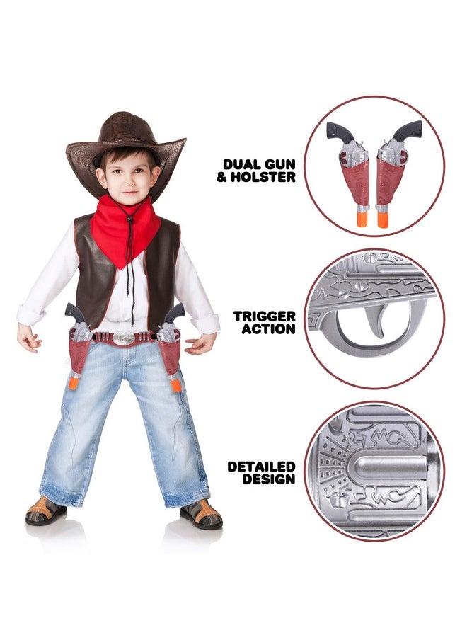 Cowboy Gun Belt And Holster - Cowboy Holster Set Includes 2 Toy Guns With Sound, Toy Gun Holster, Brown Western Belt, And 6 Fake Bullets - Cowboy Costume Accessories For Boys Halloween Costume