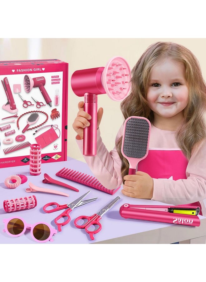 Girls Hair Salon Toys Kids Pretend Play Hair Styling Kit With Realistic Blow Dryer Straightener Stylist Apron Scissors Accessories Beauty Makeup Set Birthday Gifts For Toddler Girls 3 4 5 6+