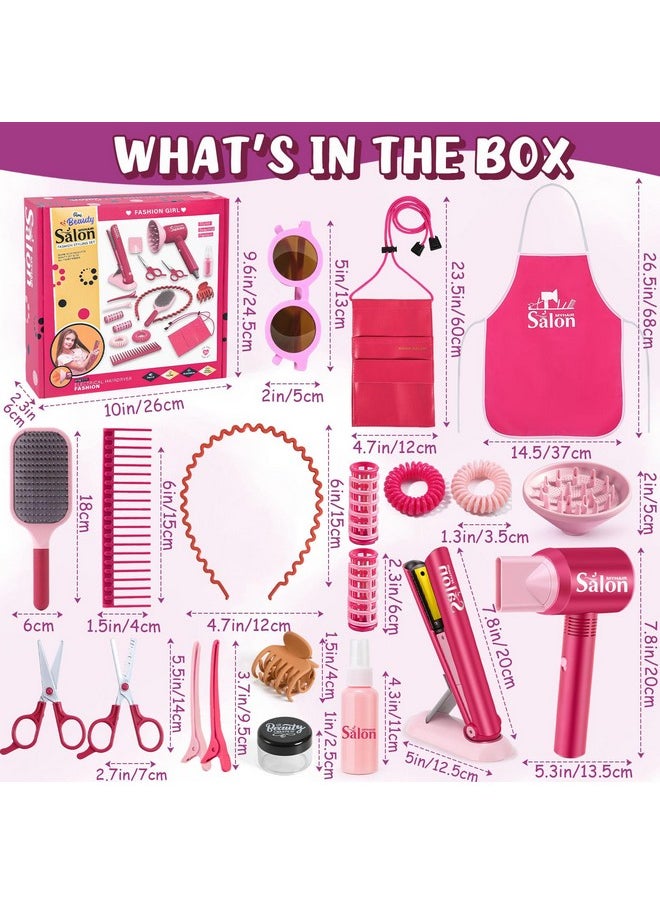 Girls Hair Salon Toys Kids Pretend Play Hair Styling Kit With Realistic Blow Dryer Straightener Stylist Apron Scissors Accessories Beauty Makeup Set Birthday Gifts For Toddler Girls 3 4 5 6+