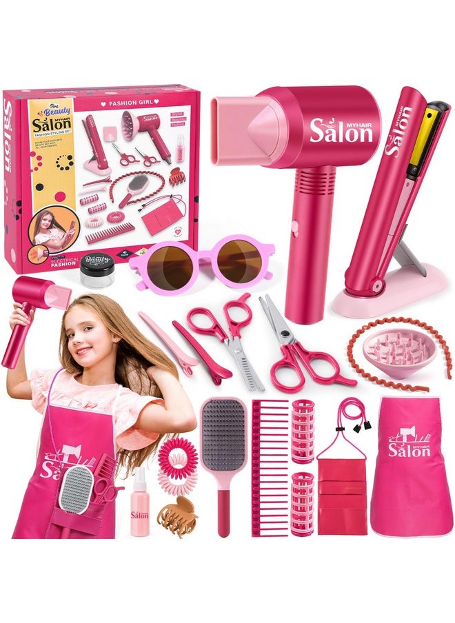 Girls Hair Salon Toys Kids Pretend Play Hair Styling Kit With Realistic Blow Dryer Straightener Stylist Apron Scissors Accessories Beauty Makeup Set Birthday Gifts For Toddler Girls 3 4 5 6+