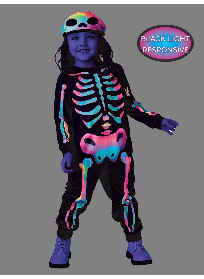 Rainbow Skeleton Costume With Hat For Toddler 2-4T, Black-Light Responsive, Halloween Cosplay Costume (Girls)