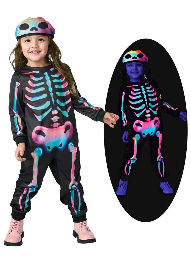 Rainbow Skeleton Costume With Hat For Toddler 2-4T, Black-Light Responsive, Halloween Cosplay Costume (Girls)