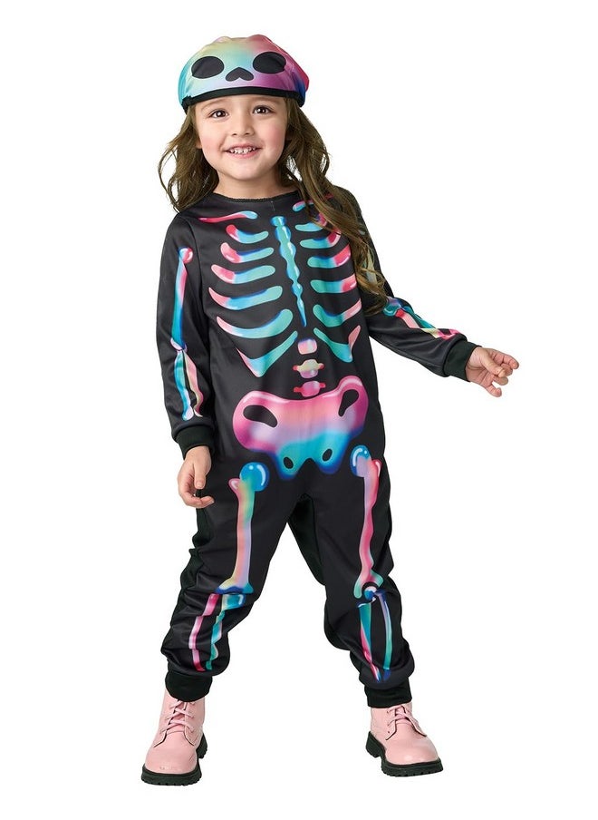 Rainbow Skeleton Costume With Hat For Toddler 2-4T, Black-Light Responsive, Halloween Cosplay Costume (Girls)