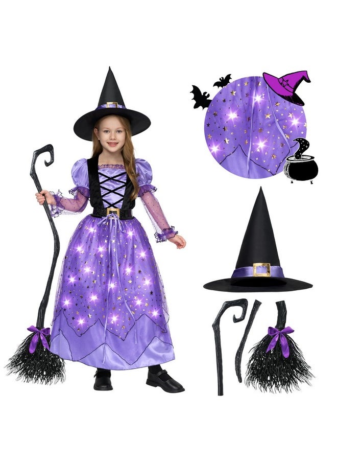 Girls Witch Costume, Light Up Witch Costume Kids, Starry Witch Dress With Broom Belt Hat For Girls Halloween Party Role Play-S