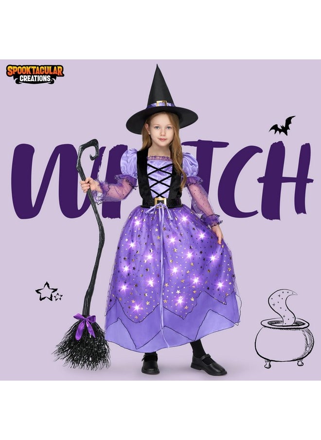 Girls Witch Costume, Light Up Witch Costume Kids, Starry Witch Dress With Broom Belt Hat For Girls Halloween Party Role Play-S