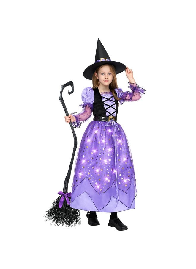 Girls Witch Costume, Light Up Witch Costume Kids, Starry Witch Dress With Broom Belt Hat For Girls Halloween Party Role Play-S