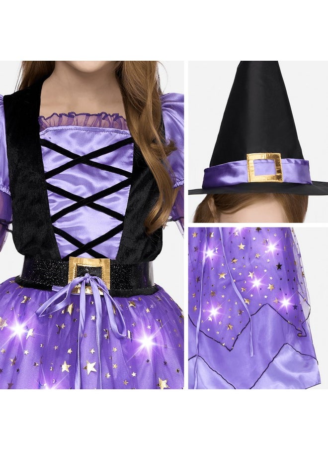 Girls Witch Costume, Light Up Witch Costume Kids, Starry Witch Dress With Broom Belt Hat For Girls Halloween Party Role Play-S